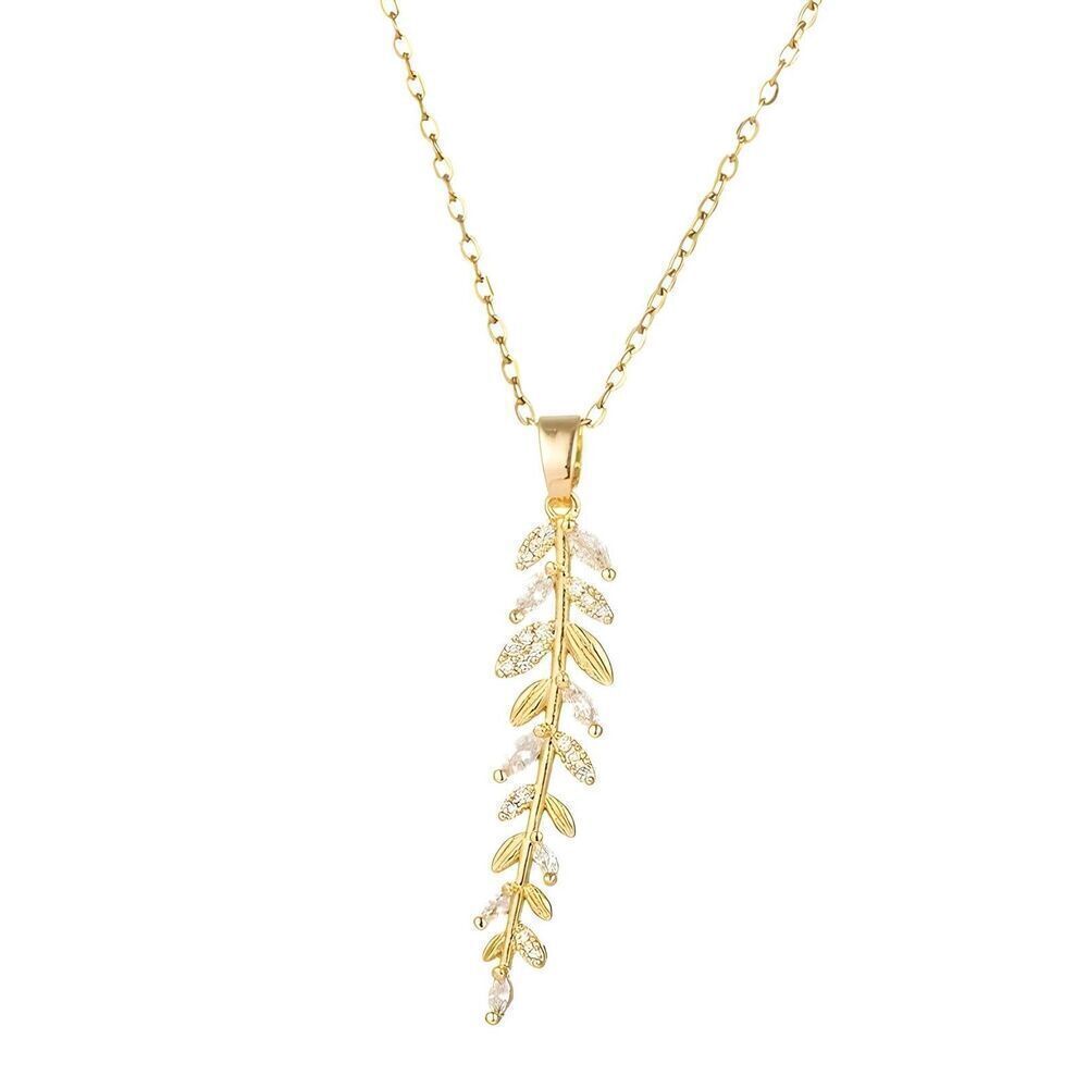 18K Gold Plated Women's Leaf Cubic Zirconia Pendant Necklace Waterproof